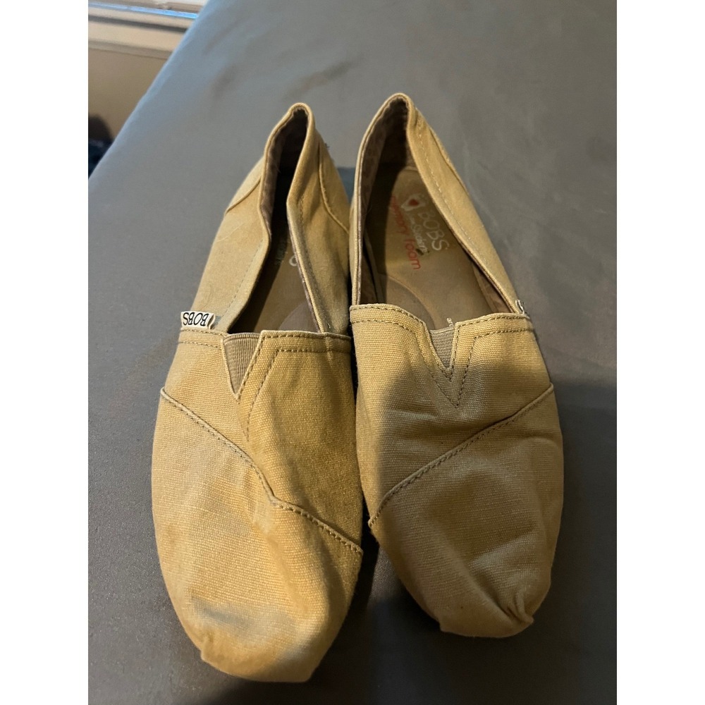 Skechers BOBS Women Tan Canvas Memory Foam Slip On Flats 33645 Size 7.5‎